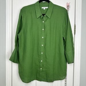 Chico’s 100% linen 3/4 sleeves button down shirt Green Sz 2.5 Large 14
